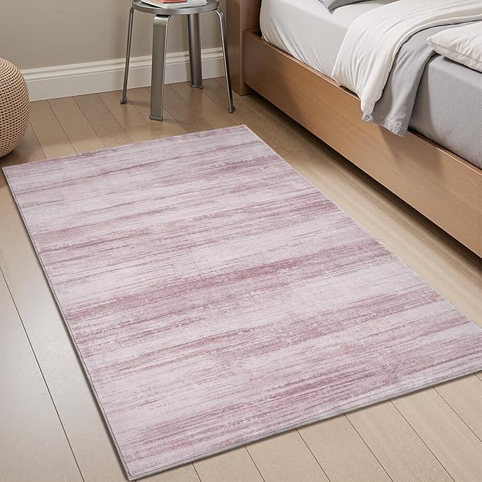 PADOOR Modern Abstract Area Rug - 3x5 Washable Rugs Non-Slip Small Carpet, Ultra Soft Low Pile Floor Rugs for Entrance Front Door Bedroom Bedside Laundry Room Pink