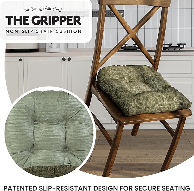 Klear Vu Gripper Overstuffed Universal Non-Slip Dining Chair Cushions for Kitchen Decor or Office Use, U-Shaped Skid-Proof Seat Pad, 17x17 Inches, 2 Count (Pack of 1), Honeycomb Green