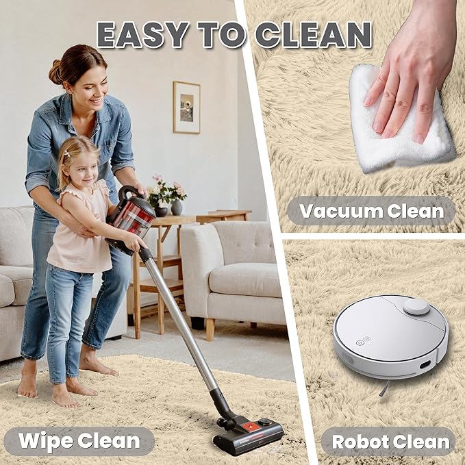 2x6 Bedside Area Rugs for Bedroom: Soft Fluffy Shag Beige Rug for Hallway, Non-Slip Fuzzy Plush Living Room Rug Indoor Floor Carpet for Kids Rooms, Dorm, Nursery, Modern Home Aesthetic Decor