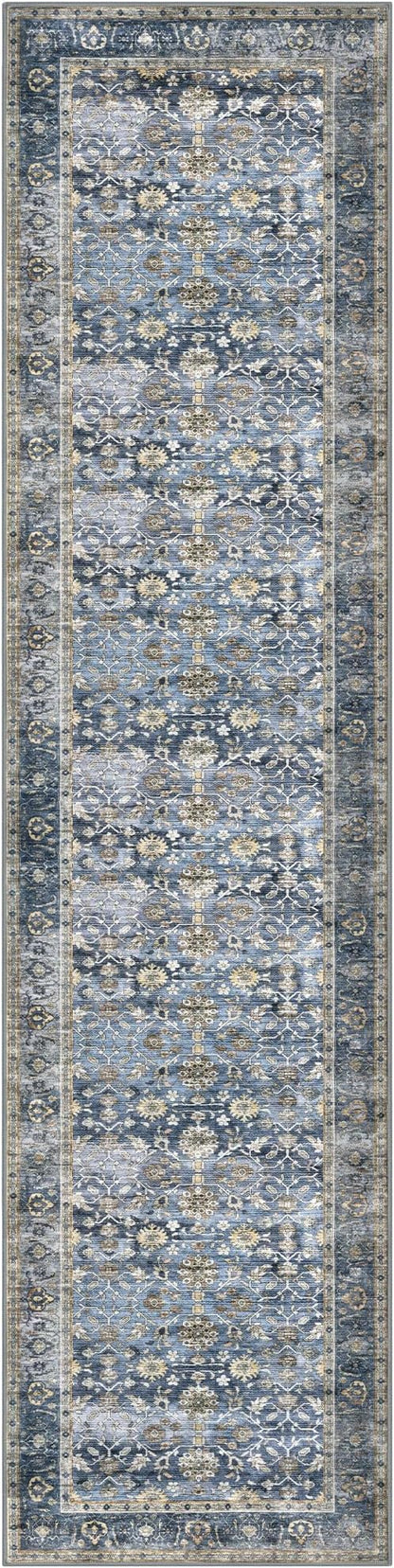 KUTA Vintage Washable Runner Rug, 2x8 Blue Grey Beige Runners for Hallways Non-Slip Kitchen Rugs Ultra Thin Soft Printed Distressed Floral Floor Carpet for Laundry Bedroom Living Room Nursery