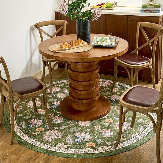 jinchan Elora 6ft Floral Round Rug for Washable Living Room Rug Vintage Romance Christmas Design Non Slip Indoor Floor Cover Lightweight Low-Profile Throw Carpet for Bedroom Porch Patio, Green