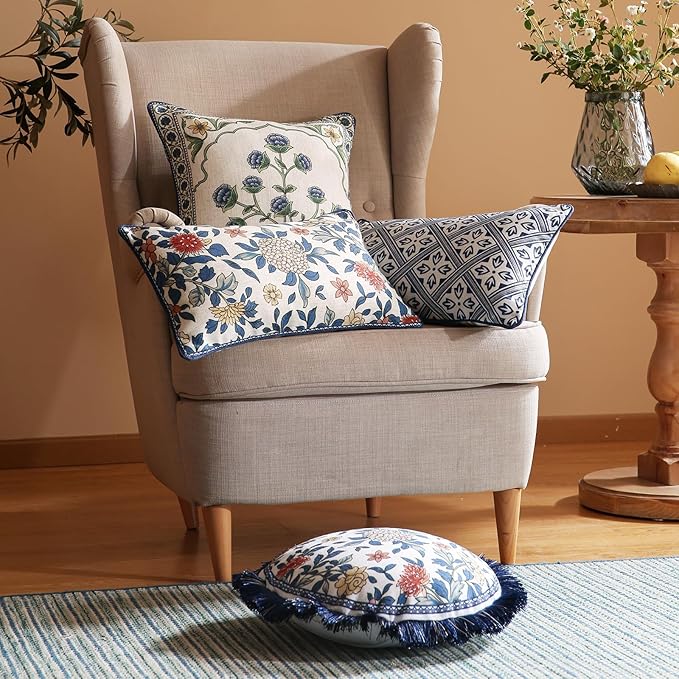 patdrea Designer Throw Pillow Covers Set of 2,Blue Euro Elegant Linen with Blooming Floral Pattern Pillow Cover,Decorative Square Pillowcases Cushion for Bed Living Room Outdoor Car,18"x18"