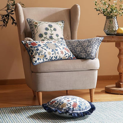 patdrea Designer Throw Pillow Covers Set of 2,Chinoiserie Blue Elegant Linen with Striped Floral Pattern Pillow Cover,Decorative Lumbar Pillowcases Cushion for Bed Living Room Outdoor Car,12"x20"