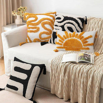 Adabana Yellow and White Pillow Covers Decorative Tufted Abstract Throw Pillows Cover Modern Farmhouse Home Decor for Couch Living Room Safa Bed,18X18 Inch