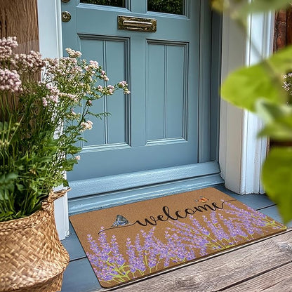 Lavender Floral Welcome Door Mat, Rustic Floral Butterfly Welcome Front Door Mat Indoor Outdoor Entrance, Purple Flower Artificial Coir Doormats Rugs for Porch Entryway Decor 30x17in
