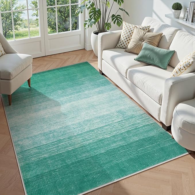 Wonnitar Modern Ombre 3x5 Area Rug, Teal Washable Bedroom Rug, Non-Slip Abstract Soft Nursery Throw Mat, Contemporary Stain Resistant Gradient Entry Soft Carpet for Bathroom Dorm (Teal, 3'x5')