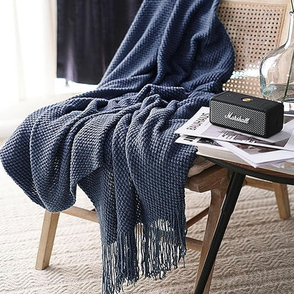 LOMAO Knitted Throw Blanket with Tassels Bubble Textured Lightweight Soft Throws for Couch Cover Home Decor (Navy, 60x90)