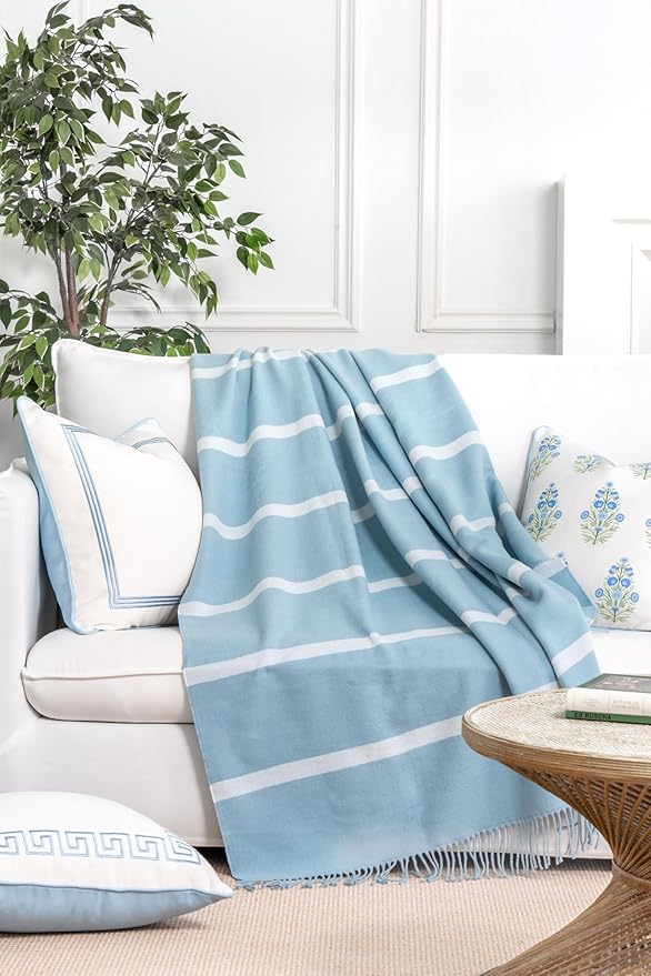 Hofdeco Premium Coastal Decorative Throw Blanket for Patio Couch Sofa, Baby Blue White Pinstripes with Fringe, 52"x71"