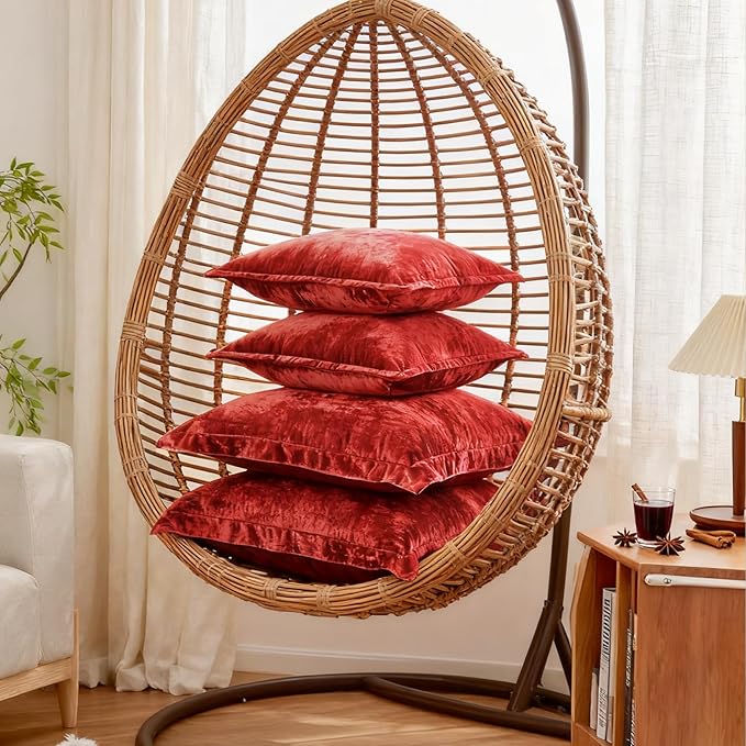 Luxurious Velvet Euro Shams Decorative Throw Pillow Covers 26x26 Set of 2 Solid Square Euro Pillow Shams for Sofa Couch Bedroom, Red