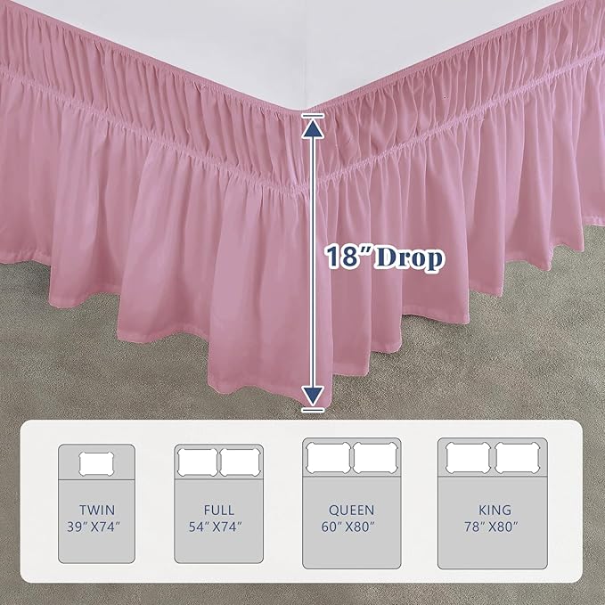 King Bed Skirt, Elastic Wrap Around Bed Skirt King Size, Bed Skirts for Adjustable Bed, Easy Fit with 18" Drop Length Tailored Drop Dust Ruffle (Pink)