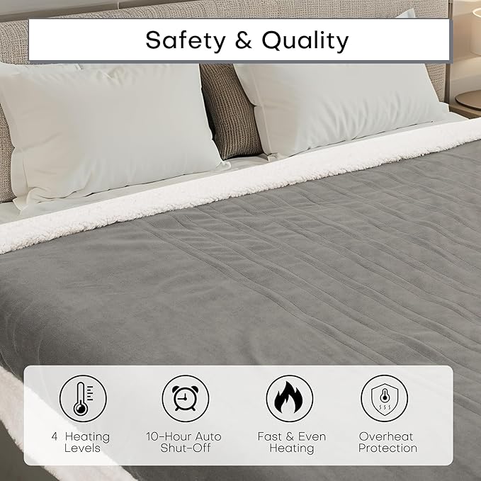 Electric Heated Blanket Throw Size 50"x60" - Dual-Sided with Microplush & Sherpa Fabric, 4 Heat Settings & 3 Hours Auto Off, Machine Washable - Light Gray