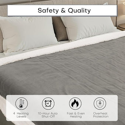 Electric Heated Blanket Throw Size 50"x60" - Dual-Sided with Microplush & Sherpa Fabric, 4 Heat Settings & 3 Hours Auto Off, Machine Washable - Light Gray