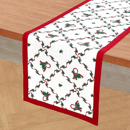 Solino Home 100% Pure Linen Christmas Table Runner 108 Inches Long - Red and Green Table Runner 14 x 108 Inch - Handcrafted and Machine Washable - Holly Ribbon Print