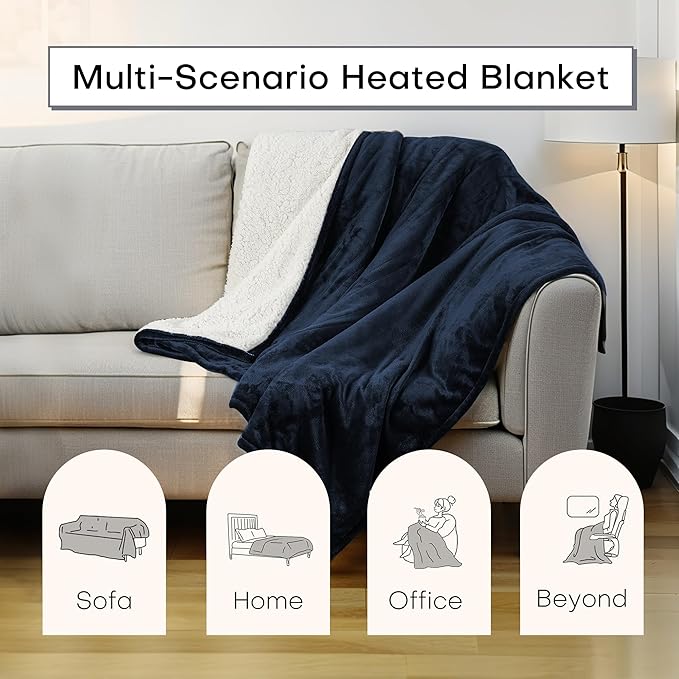 Heated Electric Blanket Throw Size 50"x60" Thickened Flannel and Sherpa Heated Blanket,3 Hours Timer Auto-Off & 5 Heating Levels,for Bedroom Office Couch-Navy Blue