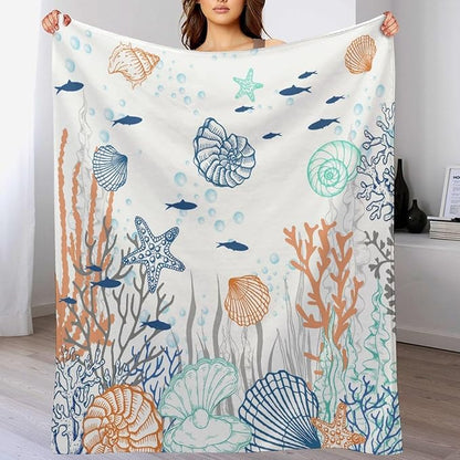 Nautical Coastal Blanket, Starfish Seashell Coral Beach Themed Drapes Ocean Orange Blue Teal Conch Print Throw Blankets for Sofa Couch Bed Room Birthday Decor, 60"x80"