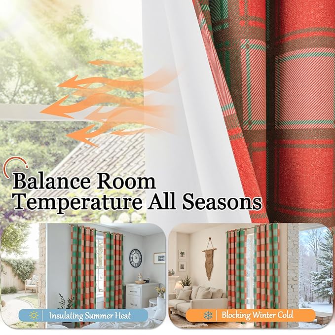 Plaid Christmas Curtains for Living Room - Boho Cottage Linen Blackout Gingham Checkered Drapes Extra Long, Farmhouse Thermal Insulated Drapery for Bedroom Winter 52x96 Inch 2 Panels, Red Green