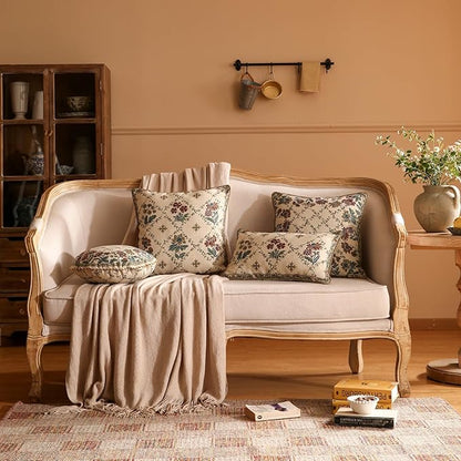 patdrea Designer Throw Pillow Covers Set of 2,Square Euro Retro Style Light Brown Linen with Floral Pattern Pillow Cover,Decorative Pillowcases Cushion for Bed Living Room Outdoor Car,18"x18"