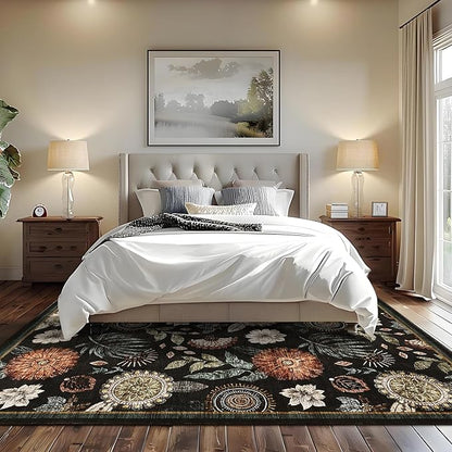 GarveeHome 4x6 Floral Washable Area Rug: Large Living Room Area Rug with Non-Slip Backing Washable Ultra Soft Bedroom Floral Carpet Indoor Stain Resistant Carpet for Dining Room 4 * 6 ft Black