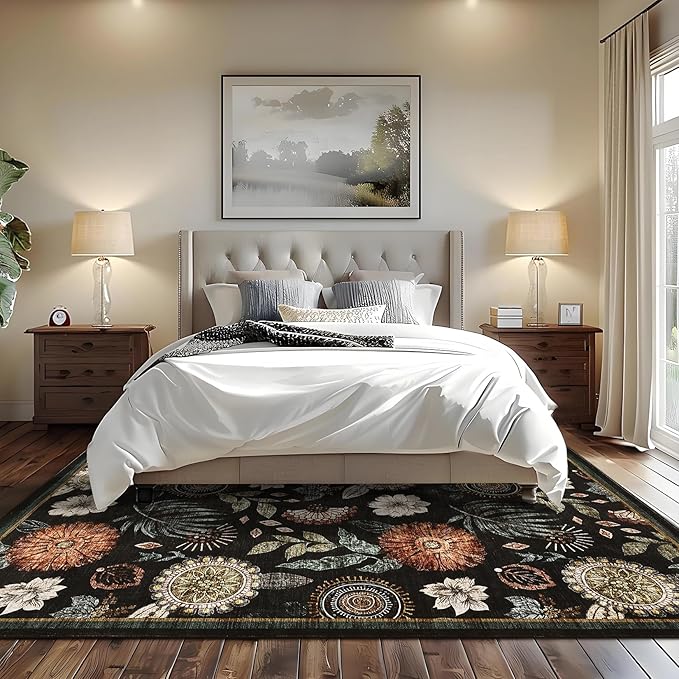 GarveeHome 8x10 Floral Washable Area Rug: Large Living Room Area Rug with Non-Slip Backing Washable Ultra Soft Bedroom Floral Carpet Indoor Stain Resistant Carpet for Dining Room 8 * 10 ft Black