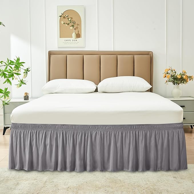 Biscaynebay Wrap Around Bed Skirts for Queen Size Beds Extra Short Drop of 9", Silver Grey Elastic Dust Ruffles Easy Fit Wrinkle & Fade Resistant Silky Luxurious Fabric Solid Machine Washable