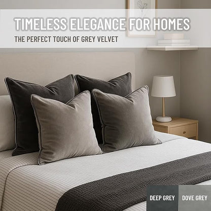 2 Pack Velvet Decorative Throw Pillow Covers, 18"x18", Dove Grey, Solid, Modern, Contrast Piping, Indoor Use, Bedroom & Living Room
