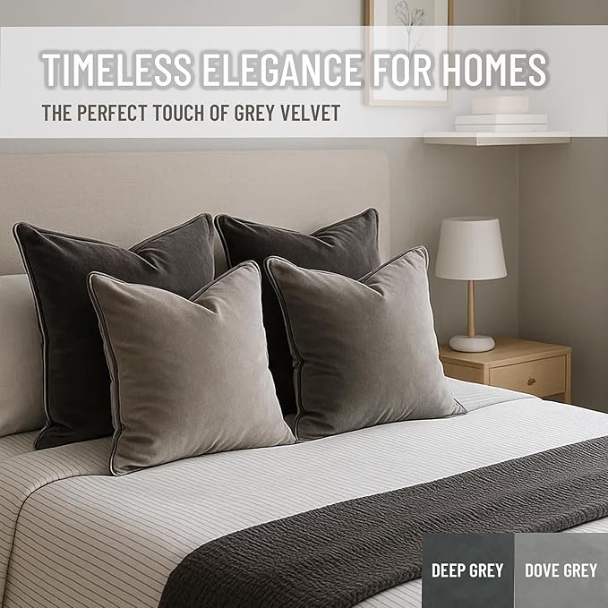 2 Pack Velvet Decorative Throw Pillow Covers, 20"x20", Dove Grey, Solid, Modern, Contrast Piping, Indoor Use, Bedroom & Living Room