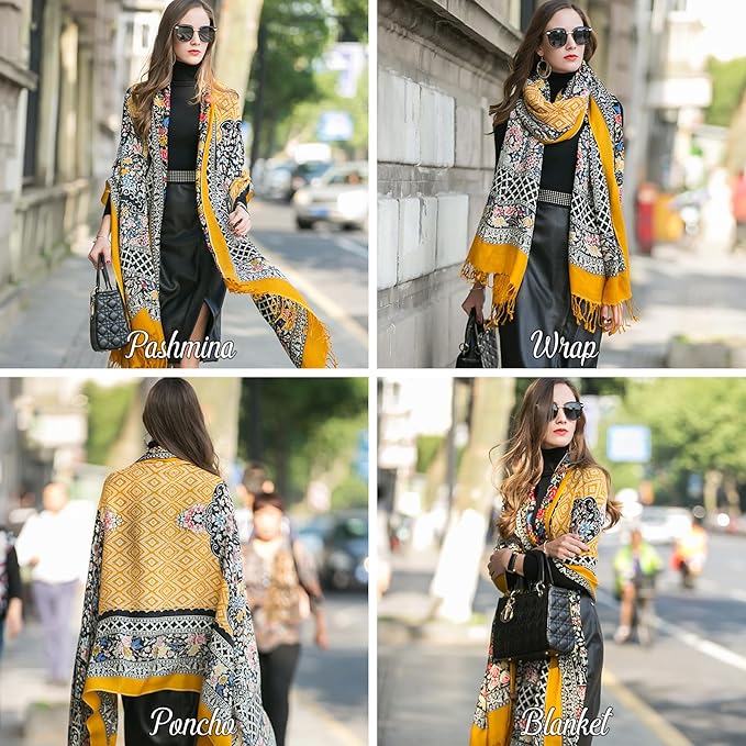 DANA XU 100% Merino Wool Extra Large Pashmina Blanket Travel Scarf Cashmere Wrap for Women Fall Winter Oversize Shawl Floral