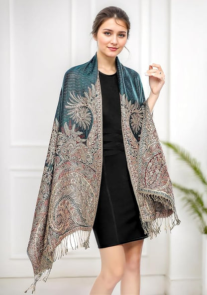 Achillea Big Paisley Pashmina Shawl Wrap for Women – Elegant Scarf for Weddings, Evening Dresses, Festivals & Daily Wear