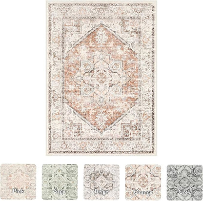 LIVEBOX 8x10 Area Rug for Living Room, Washable Orange Boho Rug, Soft Non-Slip, Low-Pile Vintage Medallion, Retro Faux Wool for Dining Room, Bedroom, Office