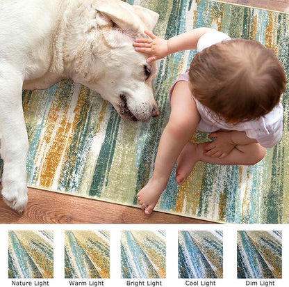 Modern Abstract Runner Rug 2x10, Green Mustard Multi Washable Long Kitchen Runner Non-Slip Soft Hallway Rug Runner Thin Print Faux Wool Carpet for Entryway Bedroom Laundry Room Indoor