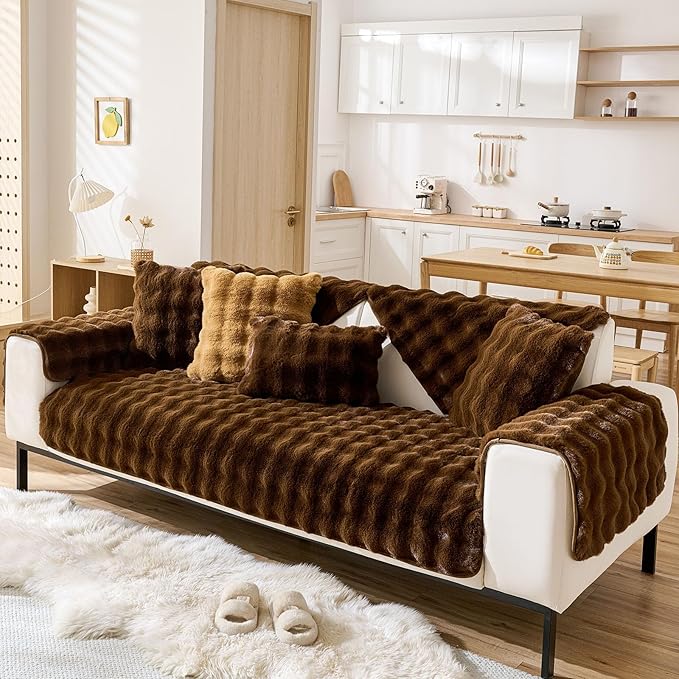 Faux Fur Couch Cover Fuzzy Soft Plush Thick Bubble Sofa Cover Luxury Sectional Couch Covers Luxury Anti-Slip Sofa Slipcover Washable Furniture Protector (Coffee,36"x82")