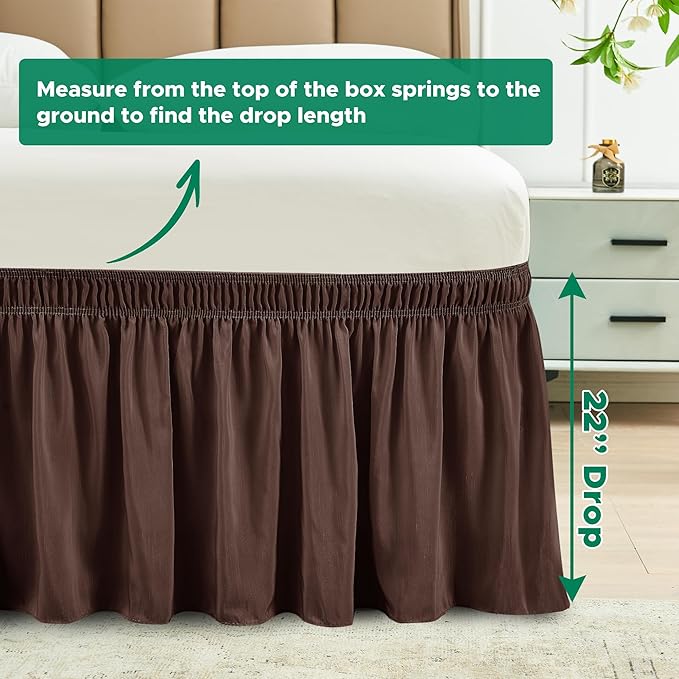 Biscaynebay Wrap Around Bed Skirts for King & Cal King Beds 22" Long Drop, Brown Adjustable Elastic Dust Ruffles Easy Fit Wrinkle Resistant Silky Luxurious Fabric Machine Washable
