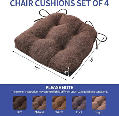 Chair Cushions for Dining Chairs Set of 4, Kitchen Chair Cushions, Chair Pads with Ties and Non Slip Backing, Tufted Memory Foam Seat Cushion 4 Pack, 18" x 18" x 4", Brown