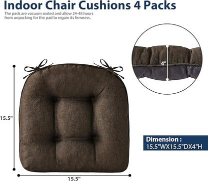Chair Cushions for Dining Chairs, Seat Cushions for Kitchen Chairs, Indoor Seat Cushions with Ties, Tufted Foam Chair Pads, Non Slip Chair Cushions Set of 4, 15.5" x 15.5" x 4", Brown