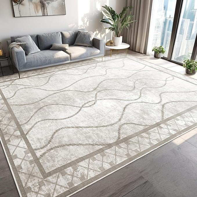 Area Rugs 6x9 Washable Rug, Non-Slip Rugs for Living Room, Low Pile Bordered Rugs Alfombras, Large Print Rubber Backing Indoor Carpet for Home Decor Bedroom Nursery Dining Room, Beige