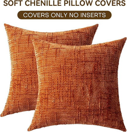 Decorative Throw Pillow Covers 22x22 Inch Set of 2, Soft Solid Farmhouse Chenille Couch Pillows, Spring Pillow Covers for Couch Sofa Bed Living Room Home Decor Pillowcase, Rust