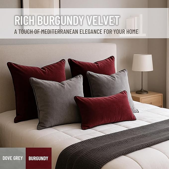 2 Pack Velvet Decorative Throw Pillow Covers, 12"x20", Burgundy, Solid, Modern, Contrast Piping, Indoor Use, Bedroom & Living Room