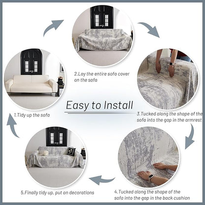 MYSKY HOME Boho Couch Cover for Dogs Washable Grey Abstract Couch Sofa Protector for Loveseat Sofa with Pets Friendly Chenille Geometric Sofa Covers Soft Durable Farmhouse Sofa Slipcovers, 91" X118"