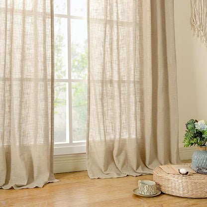 LAMIT 102 Inch Length Light Filtering Sheer Linen Curtains, Linen Textured Semi Sheer Back Tab and Rod Pocket Natural Boho Drapes for Living Room/Farmhouse, 2 Panels, Brown, 52 x 102 Inch