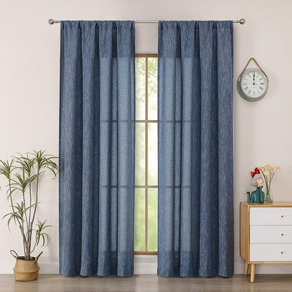 Simplebrand Navy Blue Faux Linen Textured Semi Sheer Curtains 72 Inches Long 2 Panels Set, Light Filtering Privacy Farmhouse Curtains, Soft Window Drapes Rod Pocket Top for French Door, 40W x 72L