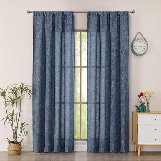 Simplebrand Navy Blue Faux Linen Textured Semi Sheer Curtains 72 Inches Long 2 Panels Set, Light Filtering Privacy Farmhouse Curtains, Soft Window Drapes Rod Pocket Top for French Door, 40W x 72L