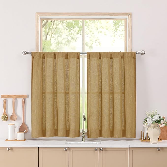 Simplebrand Gold Short Faux Linen Textured Cafe Kitchen Curtains 36 Inch Length 2 Panels, Over Sink Semi Sheer Farmhouse Light Filtering Panels Rod Pocket Drapes for Bathroom Window, 40 x 36 Inch