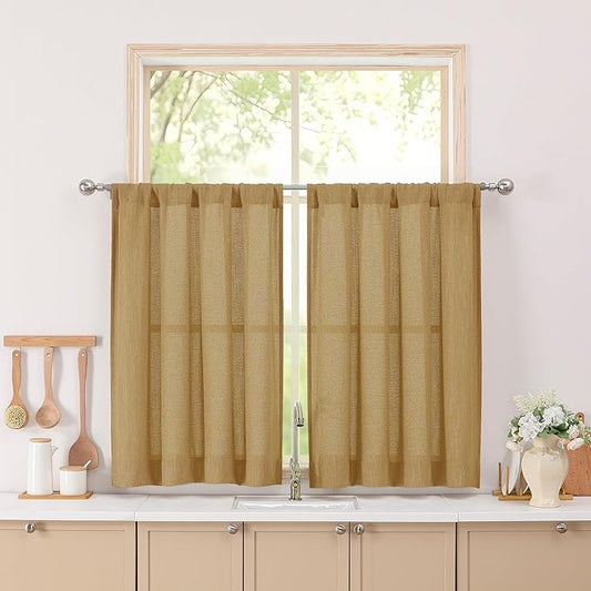 Simplebrand Gold Short Faux Linen Textured Cafe Kitchen Curtains 36 Inch Length 2 Panels, Over Sink Semi Sheer Farmhouse Light Filtering Panels Rod Pocket Drapes for Bathroom Window, 40 x 36 Inch