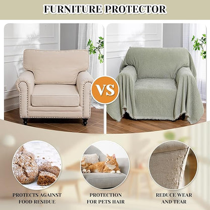 MEETSKY Green Sofa Covers Armchair Single Couch Cover for Dogs Throw Couch Cover with Tassel Chair Recliner Futon Cover Washable 1 Cushion Couch Chenille Couch Protector, 71"x 91"