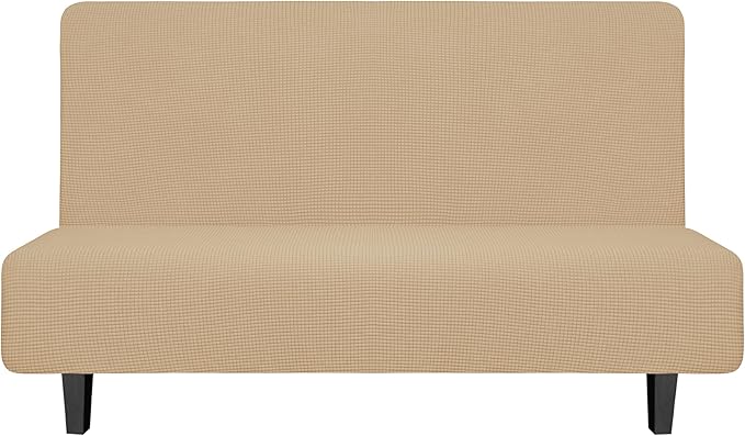 Easy-Going Stretch Futon Slipcover Armless Futon Bed Cover Furniture Protector Without Armrests with Elastic Bottom for Kids, Soft Jacquard Fabric Small Checks (Medium, Sand)