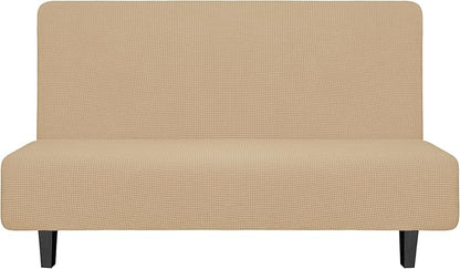 Easy-Going Stretch Futon Slipcover Armless Futon Bed Cover Furniture Protector Without Armrests with Elastic Bottom for Kids, Soft Jacquard Fabric Small Checks (Medium, Sand)