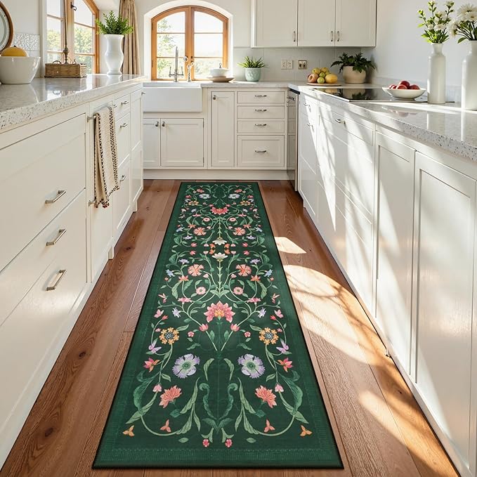 LIVEBOX Hallway Runner Rug - Boho Floral 2'6"x8 Washable Runner Rug, Non-Slip Kitchen Runners, Soft Low-Pile Non-Shedding Carpet Runners for Hallways EntryWay Bedroom Bathroom Farmhouse(2.5x8ft,Green)