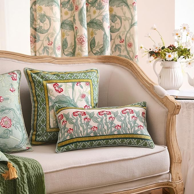 patdrea Designer Rectangle Throw Pillow Covers,Farmhouse Linen with Green Floral Pattern Pillows Cover,Decorative Lumbar Pillowcases Cushion for Bed Living Room Outdoor Car,12"x20"