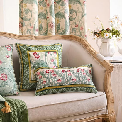 patdrea Designer Rectangle Throw Pillow Covers,Farmhouse Linen with Green Floral Pattern Pillows Cover,Decorative Lumbar Pillowcases Cushion for Bed Living Room Outdoor Car,12"x20"