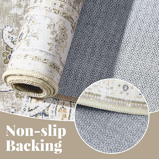 jinchan Fiora Hallway Runner Rug 3x7 Machine Washable Runner Rug Taupe Vintage Floral Design Non-Slip Low Pile Ultra-Thin for Kitchen Laundry Room Bedroom Farmhouse (3‘x7', Taupe)
